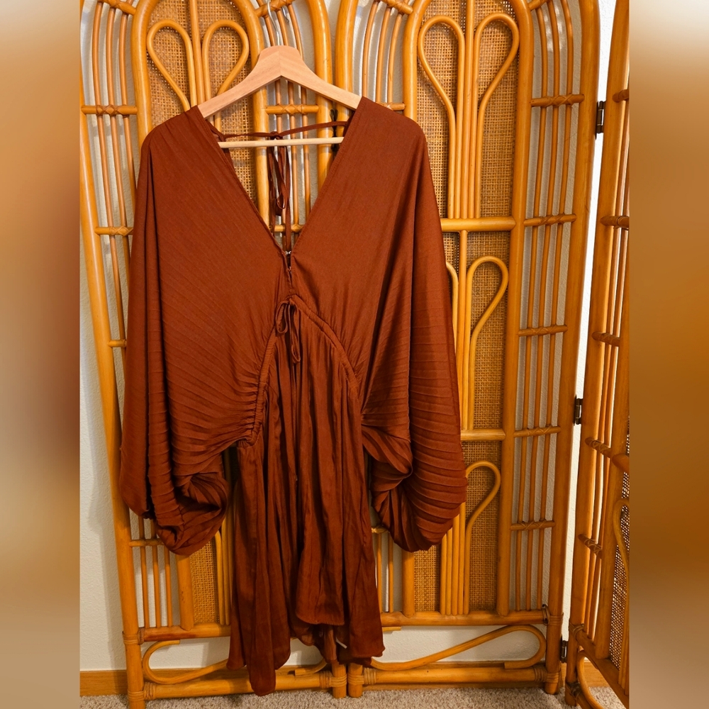 Free People Rust Brown Boho Pleated Kimono Dress